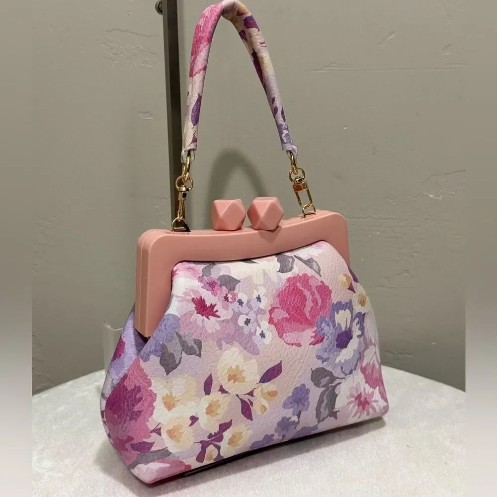 Floral Print Cowhide Leather Handmade Acrylic Frame Clutch Bag, 3 Straps Style